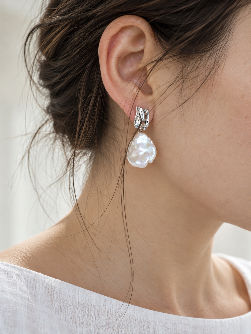 Petal Baroque Pearl Earrings – Silver Tone
