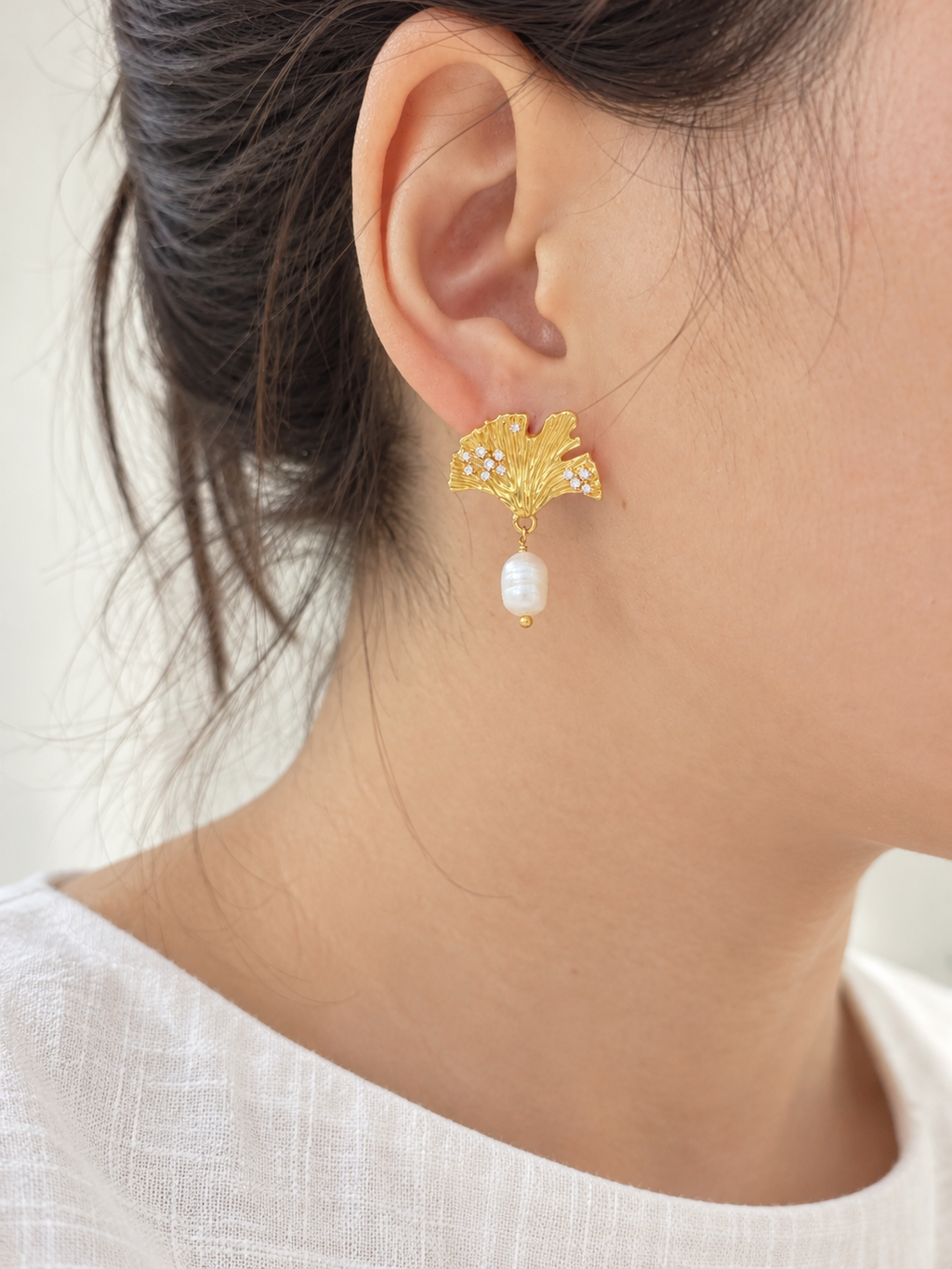 Ginkgo Pearl Drop Earrings